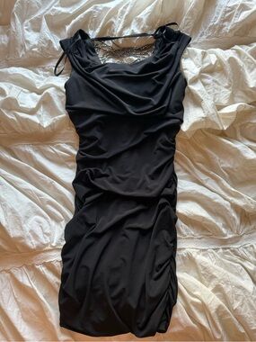 BCX Black Ruched Mini Dress with Beaded Neckline